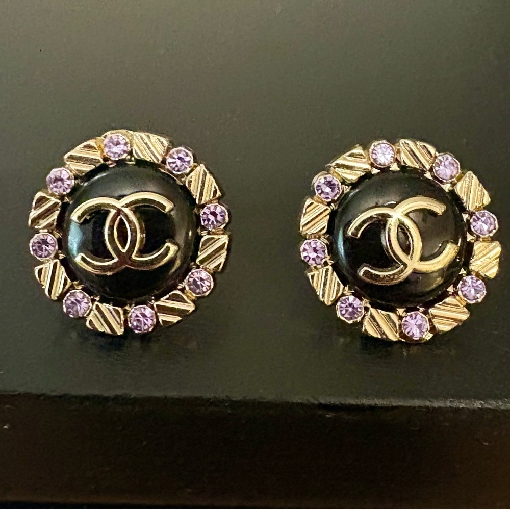 CHANEL Gold and Black Earrings with Lavender Details